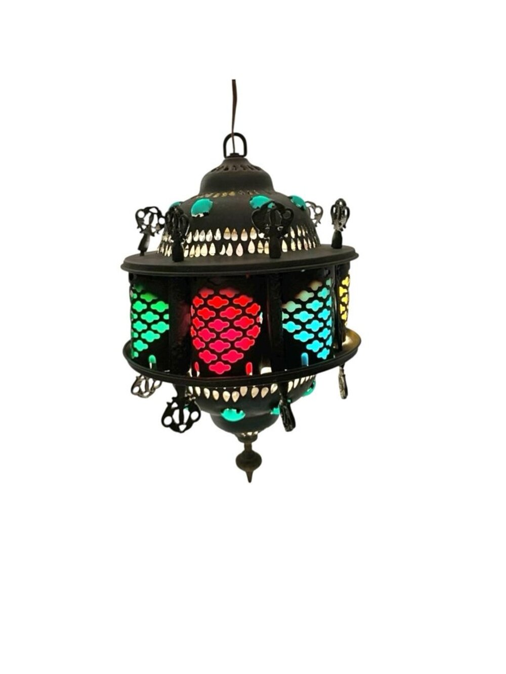 Lantern Pierced Metal Colored Glass Vintage Moroccan Pendant Swag Light Decor